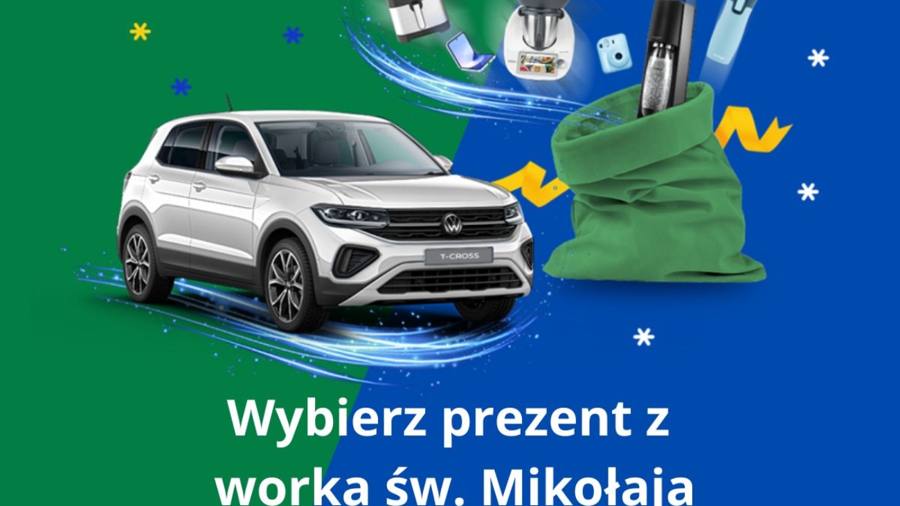 obraz przedstawiający auto i worek prezentów