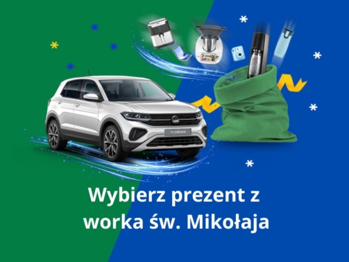 obraz przedstawiający auto i worek prezentów