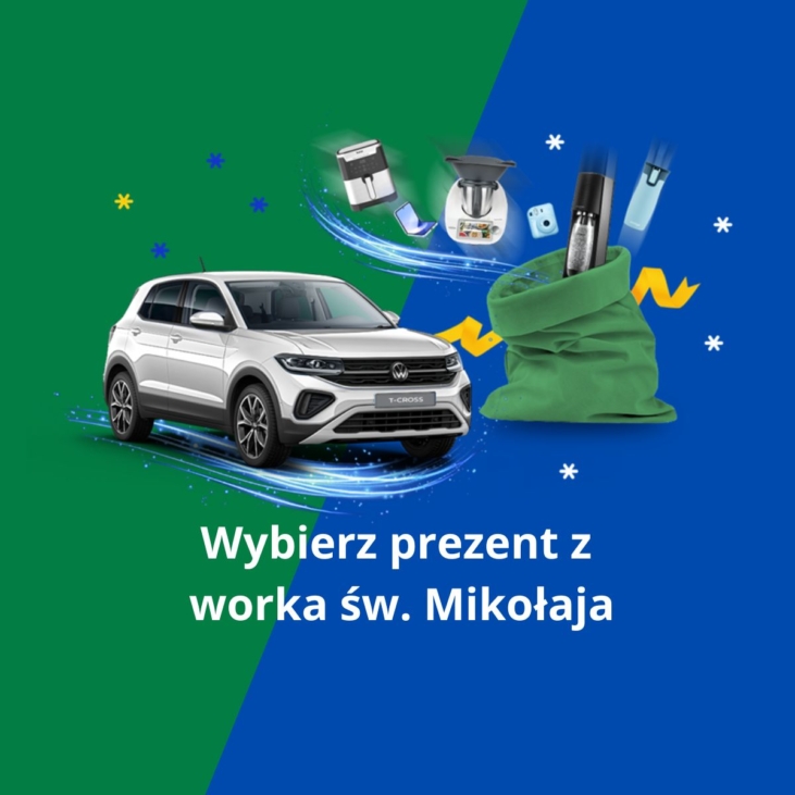 obraz przedstawiający auto i worek prezentów