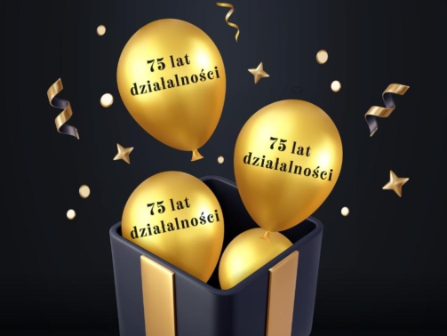zdjęcie przedstawiające balony z napisem 75 lat działalności