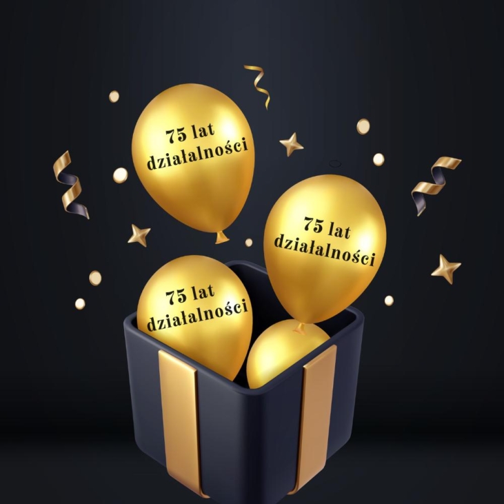 zdjęcie przedstawiające balony z napisem 75 lat działalności