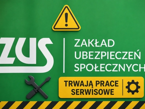 grafika przedstawiająca logo ZUS oraz elementy wskazujące na prowadzone prace serwisowe